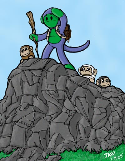 Purple Munky leads his Munky Scout troop atop a large boulder.